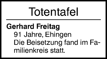 Traueranzeige von Gerhard Freitag von Ehinger Tagblatt