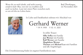 Traueranzeige von Gerhard Werner von NWZ Neue Württembergische Zeitung/Geislinger Zeitung