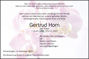 Traueranzeige von Gertrud Horn von Ehinger Tagblatt