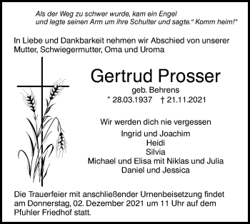 Traueranzeige von Gertrud Prosser von SÜDWEST PRESSE Ausgabe Ulm/Neu-Ulm