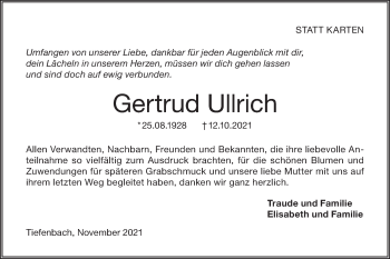 Traueranzeige von Gertrud Ullrich von Hohenloher Tagblatt