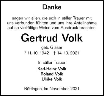 Traueranzeige von Gertrud Volk von Alb-Bote/Metzinger-Uracher Volksblatt