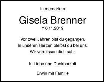 Traueranzeige von Gisela Brenner von SÜDWEST PRESSE