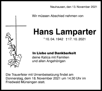 Traueranzeige von Hans Lamparter von Metzinger-Uracher Volksblatt