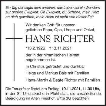 Traueranzeige von Hans Richter von SÜDWEST PRESSE Ausgabe Ulm/Neu-Ulm