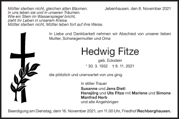 Traueranzeige von Hedwig Fitze von NWZ Neue Württembergische Zeitung