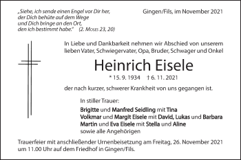 Traueranzeige von Heinrich Eisele von Geislinger Zeitung