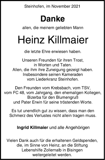 Traueranzeige von Heinz Killmaier von Metzinger-Uracher Volksblatt