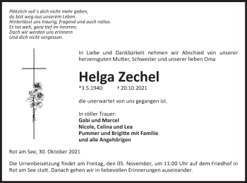 Traueranzeige von Helga Zechel von Hohenloher Tagblatt