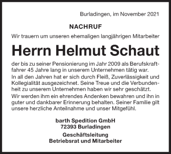 Traueranzeige von Helmut Schaut von Metzinger-Uracher Volksblatt