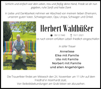 Traueranzeige von Herbert Waldbüßer von Haller Tagblatt