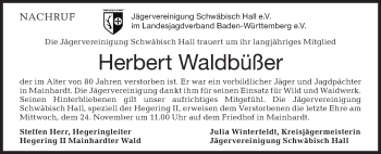 Traueranzeige von Herbert Waldbüßer von Haller Tagblatt