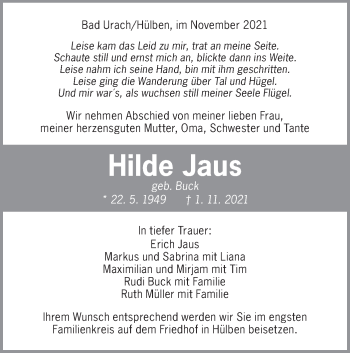 Traueranzeige von Hilde Jaus von Metzinger-Uracher Volksblatt