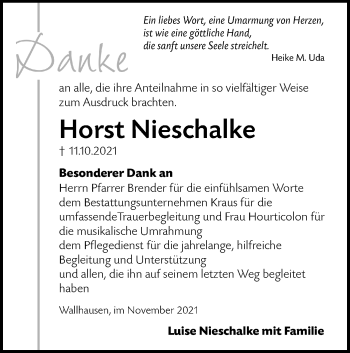 Traueranzeige von Horst Nieschalke von Hohenloher Tagblatt