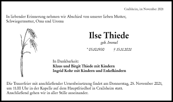 Traueranzeige von Ilse Thiede von Hohenloher Tagblatt