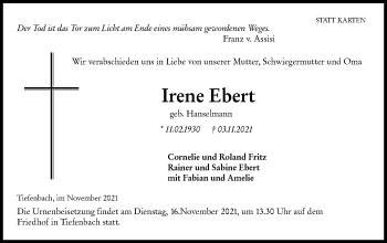 Traueranzeige von Irene Ebert von Hohenloher Tagblatt