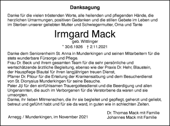 Traueranzeige von Irmgard Mack von SÜDWEST PRESSE Ausgabe Ulm/Neu-Ulm