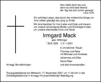 Traueranzeige von Irmgard Mack von SÜDWEST PRESSE Ausgabe Ulm/Neu-Ulm