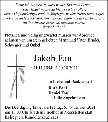 Traueranzeige von Jakob Faul von SÜDWEST PRESSE Ausgabe Ulm/Neu-Ulm