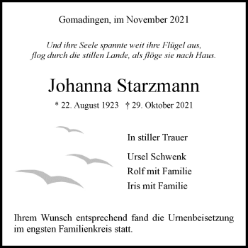 Traueranzeige von Johanna Starzmann von Alb-Bote/Metzinger-Uracher Volksblatt