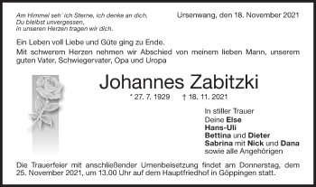 Traueranzeige von Johannes Zabitzki von NWZ Neue Württembergische Zeitung