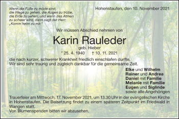 Traueranzeige von Karin Rauleder von NWZ Neue Württembergische Zeitung