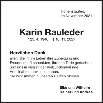 Traueranzeige von Karin Rauleder von NWZ Neue Württembergische Zeitung
