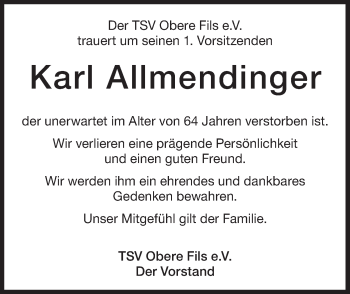 Traueranzeige von Karl Allmendinger von Geislinger Zeitung