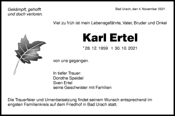 Traueranzeige von Karl Ertel von Metzinger-Uracher Volksblatt