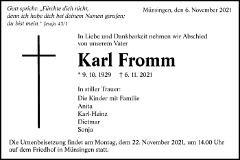 Traueranzeige von Karl Fromm von Alb-Bote/Metzinger-Uracher Volksblatt