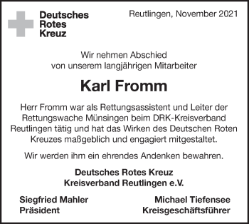 Traueranzeige von Karl Fromm von Alb-Bote/Metzinger-Uracher Volksblatt