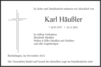 Traueranzeige von Karl Häußler von Metzinger-Uracher Volksblatt