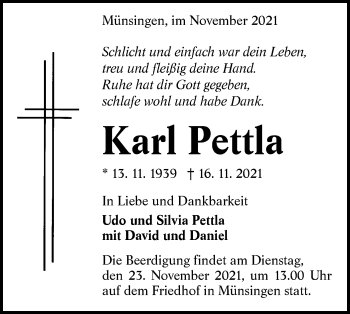 Traueranzeige von Karl Pettla von Alb-Bote/Metzinger-Uracher Volksblatt