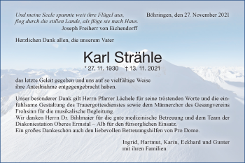 Traueranzeige von Karl Strähle von Metzinger-Uracher Volksblatt