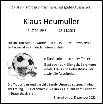 Traueranzeige von Klaus Heumüller von Haller Tagblatt