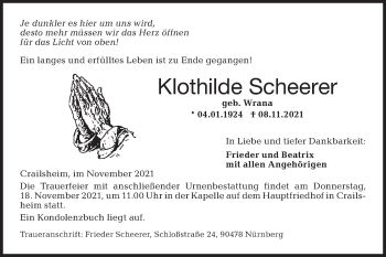 Traueranzeige von Klothilde Scheerer von Hohenloher Tagblatt