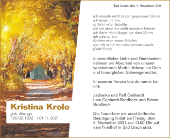 Traueranzeige von Kristina Krolo von Metzinger-Uracher Volksblatt