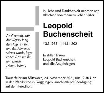 Traueranzeige von Leopold Buchenscheit von SÜDWEST PRESSE Ausgabe Ulm/Neu-Ulm