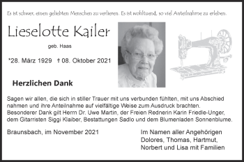 Traueranzeige von Lieselotte Kailer von Haller Tagblatt