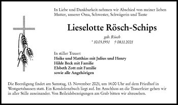 Traueranzeige von Lieselotte Rösch-Schips von Hohenloher Tagblatt