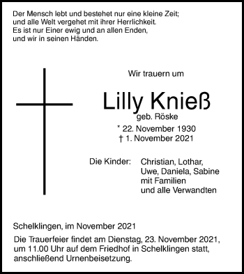 Traueranzeige von Lilly Knieß von Ehinger Tagblatt