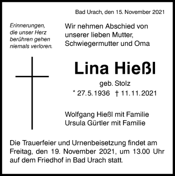 Traueranzeige von Lina Hießl von Metzinger-Uracher Volksblatt