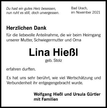 Traueranzeige von Lina Hießl von Metzinger-Uracher Volksblatt