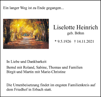 Traueranzeige von Liselotte Heinrich von SÜDWEST PRESSE Ausgabe Ulm/Neu-Ulm