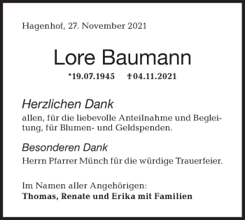 Traueranzeige von Lore Baumann von Hohenloher Tagblatt