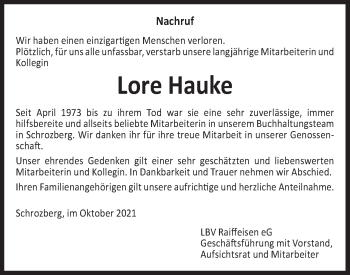 Traueranzeige von Lore Hauke von Hohenloher Tagblatt