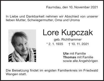 Traueranzeige von Lore Kupczak von NWZ Neue Württembergische Zeitung