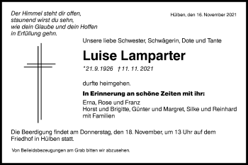 Traueranzeige von Luise Lamparter von Metzinger-Uracher Volksblatt