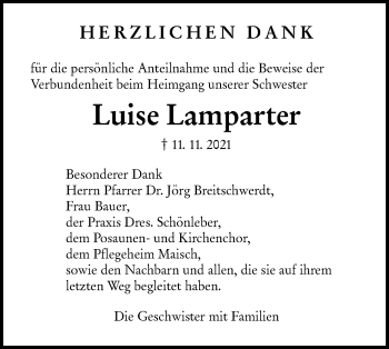 Traueranzeige von Luise Lamparter von Metzinger-Uracher Volksblatt