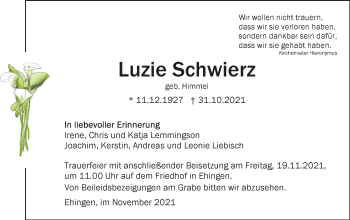 Traueranzeige von Luzie Schwierz von Ehinger Tagblatt